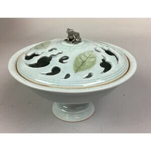 Vintage Blue Pedestal Bowl With Lid W/ Silver Frog - 7 3/4”